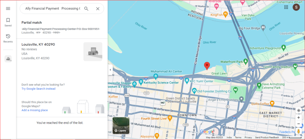 Ally finance auto loan overnight payoff address on map