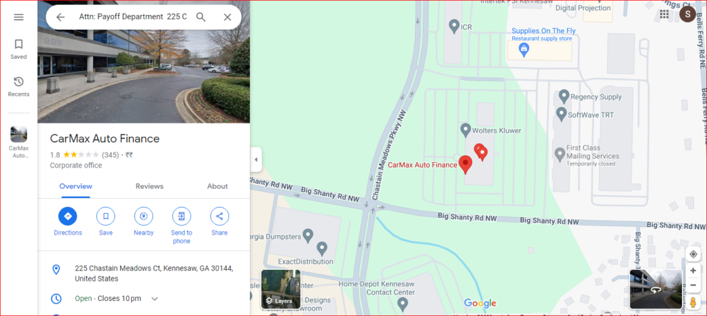 CarMax Auto Finance Overnight Payoff Address on Map