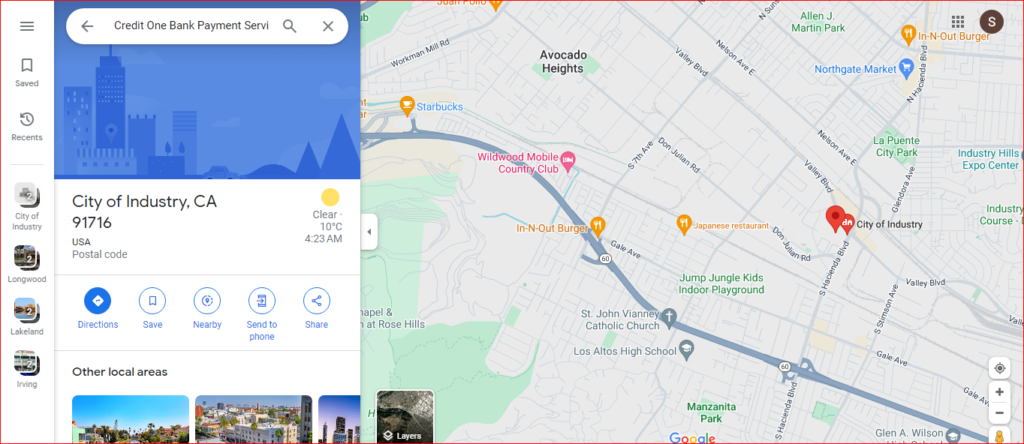 Credit One Bank Overnight Payment Address on map